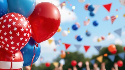 Poster - A bunch of red, white, and blue balloons with stars and a banner in the background. The balloons are scattered in the air, and the banner is hanging from a tree. The scene is festive and celebratory