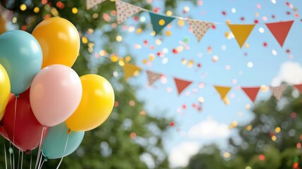 Wall Mural - A bunch of balloons and banners are in the air, creating a festive atmosphere. The balloons are in various colors, including red, yellow, and pink, while the banners are multicolored