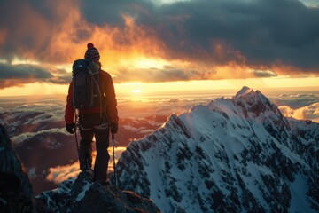 Wall Mural - A person stands at the top of a snowy mountain peak with breathtaking views