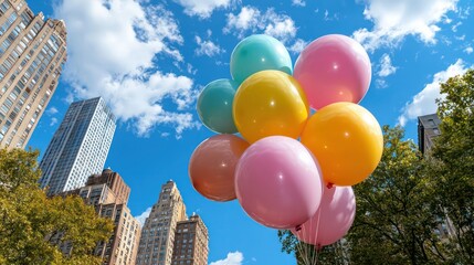 Poster - A bunch of balloons are floating in the sky above a city. The balloons are in various colors, including pink, yellow, and green. Concept of joy and celebration