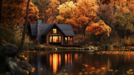Aufkleber - A house with a porch and a deck sits on a lake surrounded by trees. The house is a log cabin with a fireplace and a porch. The lake is calm and peaceful