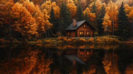 Aufkleber - A house with a chimney sits on a lake surrounded by trees. The house is a log cabin and the lake is calm. The scene is peaceful and serene