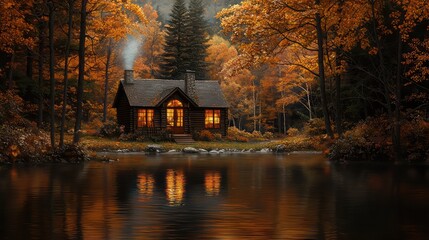 Aufkleber - A small cabin is surrounded by trees and a lake. The cabin is lit up by a fire, creating a cozy and warm atmosphere. Concept of peace and tranquility, as if one is in the middle of a forest