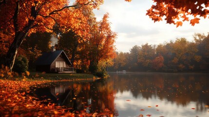 Aufkleber - A cabin is surrounded by trees and a lake. The cabin is small and cozy, with a chimney and a porch. The leaves on the trees are orange and falling, creating a warm and inviting atmosphere