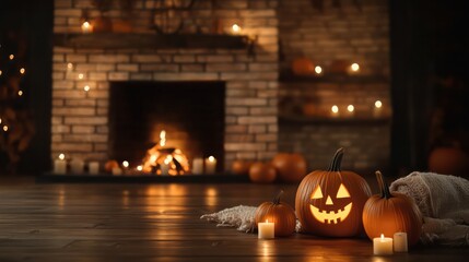 Poster - a fireplace with a pumpkin and candles on the floor. scene is warm and cozy