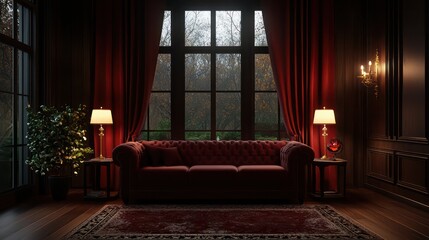Poster - A living room with a red couch and a plant. The room is dimly lit and has a cozy atmosphere