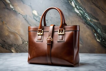 Luxurious brown leather tote with gold-tone metal buckle and structured design, sitting on a sleek marble surface, exuding elegance and sophistication.