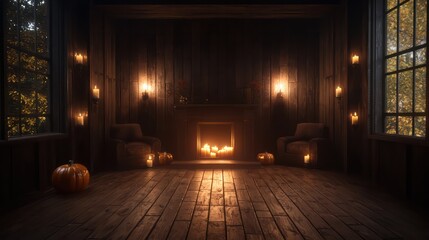 Poster - A dark room with a fireplace and two chairs. The room is lit with candles and has a spooky atmosphere