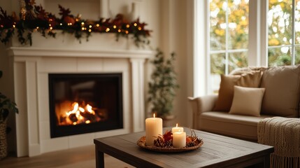Poster - A cozy living room with a fireplace and a coffee table with candles on it. The candles are lit and the room has a warm and inviting atmosphere