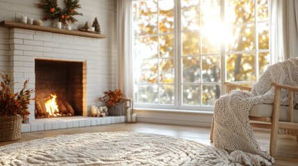 Poster - A cozy living room with a fireplace, a chair, and a blanket. The room is filled with warmth and comfort, making it a perfect place to relax and unwind