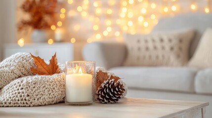 Poster - A cozy living room with a white couch and a table with a candle and pine cones. The atmosphere is warm and inviting