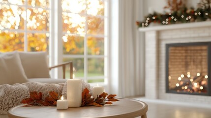 A cozy living room with a fireplace and a table with candles and leaves. Scene is warm and inviting