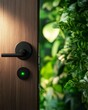 © Lightgeo - A closeup of a hightech smart lock on a front door, with an LED indicator showing it s securely locked, smart home security, safety, innovation, protection