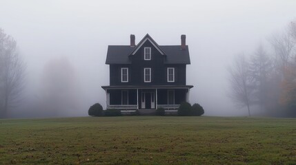 Poster - A large, old house sits in a foggy field. The house is surrounded by trees and has a porch. The fog creates a mysterious and eerie atmosphere