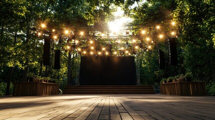 Poster - A stage with a black backdrop and lights hanging from the trees. The stage is empty and the mood is peaceful and serene