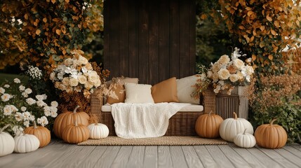 Poster - A wooden bench with pillows and pumpkins on the ground. The bench is surrounded by pumpkins and flowers, creating a warm and inviting atmosphere