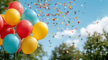 Poster - A bunch of balloons in the air with confetti falling around them. The balloons are in various colors, including red, yellow, and blue. The scene conveys a festive and joyful atmosphere