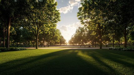 Aufkleber - A large, open field with trees in the background. The sun is setting, casting a warm glow over the grass. The scene is peaceful and serene, with the trees providing a sense of calm and tranquility