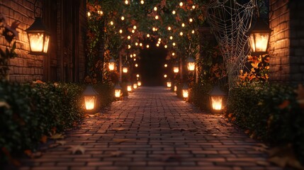 Poster - A dark brick walkway with many lit lanterns