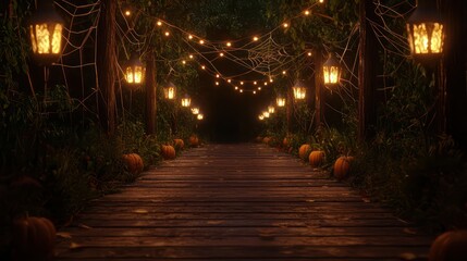 Poster - a dark, wooded path with lights and pumpkins. scene is eerie and mysterious
