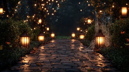 Poster - A walkway lit by lanterns with a spider on the ground. The spider is surrounded by a mist of water, giving the scene a spooky and eerie atmosphere