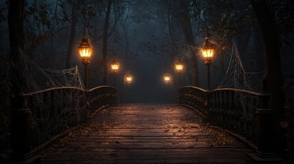 Aufkleber - A bridge with a dark, spooky atmosphere. The bridge is lit up with lanterns and the lights are dim
