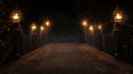 Poster - A dark, wooded bridge with a few lights on it