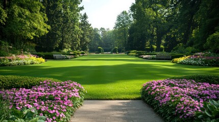 Aufkleber - A large, lush green field with a path leading through it. The path is lined with pink flowers and there are benches along the way. The scene is peaceful and inviting