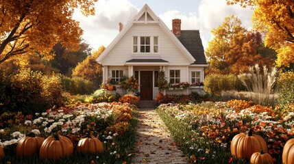 Poster - A white house with a porch and a path leading to it. The house is surrounded by a garden with many pumpkins and flowers. Scene is warm and inviting, with the autumn colors of the leaves