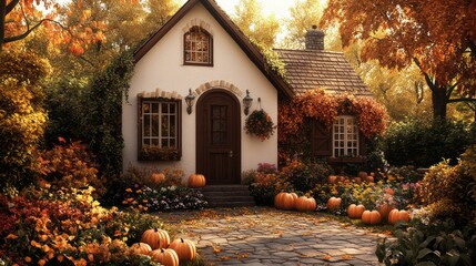 Poster - A small white house with a brown door and a porch with pumpkins on the ground. The house is surrounded by a garden with flowers and leaves on the ground. Scene is warm and inviting
