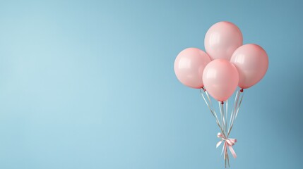 Poster - Pink balloons floating in the air on a blue background. The balloons are tied together with a ribbon