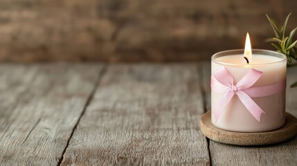 Poster - A candle with a pink ribbon is lit on a wooden table. Concept of warmth and relaxation, as the candle's soft glow illuminates the wooden surface