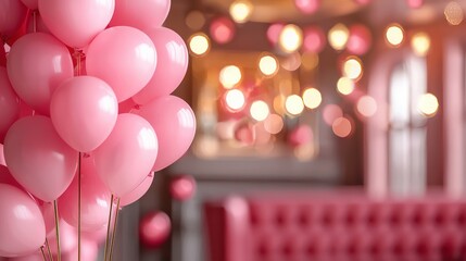 Poster - Pink balloons in a room with a pink couch. The balloons are scattered around the room, with some floating near the couch and others in the background. Scene is festive and celebratory