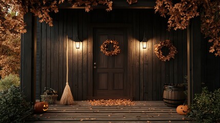 Aufkleber - A porch with a black door and a wreath on it. The porch is decorated with pumpkins and leaves
