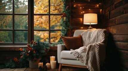 Aufkleber - A cozy living room with a chair and a blanket draped over it. The chair is next to a window with a view of trees and leaves. There are candles on the floor and a lamp on the table. The room has a warm