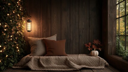 Poster - A cozy room with a wooden wall and a lamp on it. The lamp is lit up and the room has a warm and inviting atmosphere