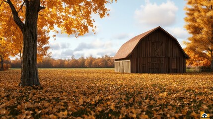 Aufkleber - A rustic barn sits in a field of autumn leaves. The barn is surrounded by trees and the sky is cloudy
