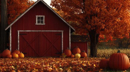 Poster - A red barn with a window and a door. The barn is surrounded by a field of pumpkins