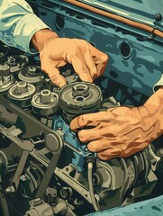 Poster - A mechanic is performing a computer diagnosis and working on an engine repair in a well-lit auto workshop. Generative AI