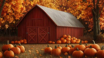 Poster - A red barn with a large pile of pumpkins in front of it. The barn is surrounded by trees and leaves, giving the scene a warm and cozy feeling