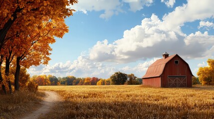 Aufkleber - A red barn sits in a field of yellow grass. The barn is surrounded by trees and the sky is cloudy. The scene is peaceful and serene, with the barn and trees providing a sense of calm and tranquility