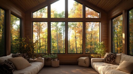 Aufkleber - A living room with a large window overlooking a forest. The room is filled with comfortable furniture, including two couches and a chair. There are potted plants and a vase on the floor