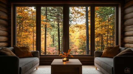 Aufkleber - A cozy living room with two couches and a coffee table. The room is filled with autumn colors, with trees outside the window and a potted plant on the table. The atmosphere is warm and inviting