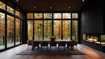 Aufkleber - A large, modern dining room with a fireplace and a view of trees. The room is filled with chairs and a long table, and there is a vase of flowers on the table. The atmosphere is warm and inviting