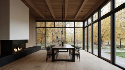 Aufkleber - A large, open living room with a fireplace and a long dining table. The room is filled with natural light and has a warm, inviting atmosphere