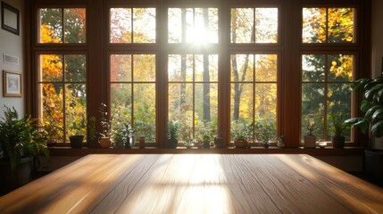 Aufkleber - A large window with a view of trees and a sunny day. The room is filled with potted plants and a wooden table