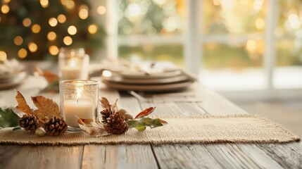 Poster - A table with a candle and pine cones on a tablecloth. The table setting is for a holiday dinner