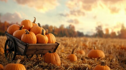 Poster - A wagon full of pumpkins in a field. The pumpkins are orange and there are many of them