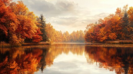 Aufkleber - A beautiful autumn scene with a lake and trees. The water is calm and the trees are full of bright orange leaves