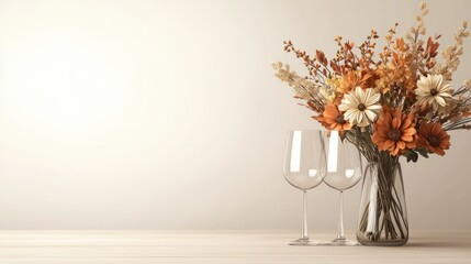 Poster - A vase of flowers sits on a table next to two wine glasses. Concept of relaxation and enjoyment